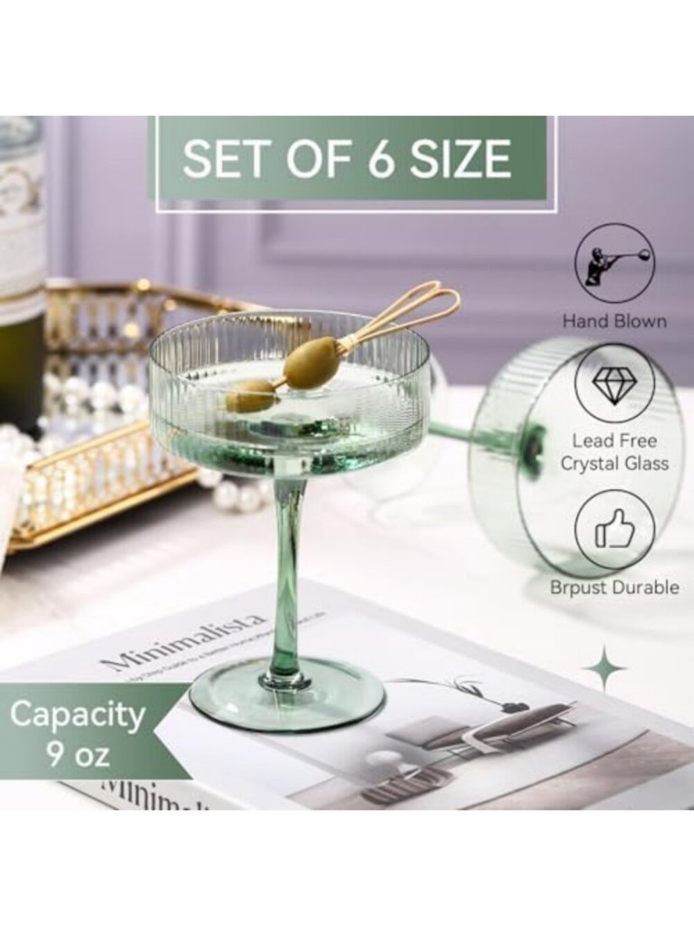 Set of 6 Vintage Green Coupe Glasses | Unique Martini & Cocktail Glassware - Picture 3 of 4